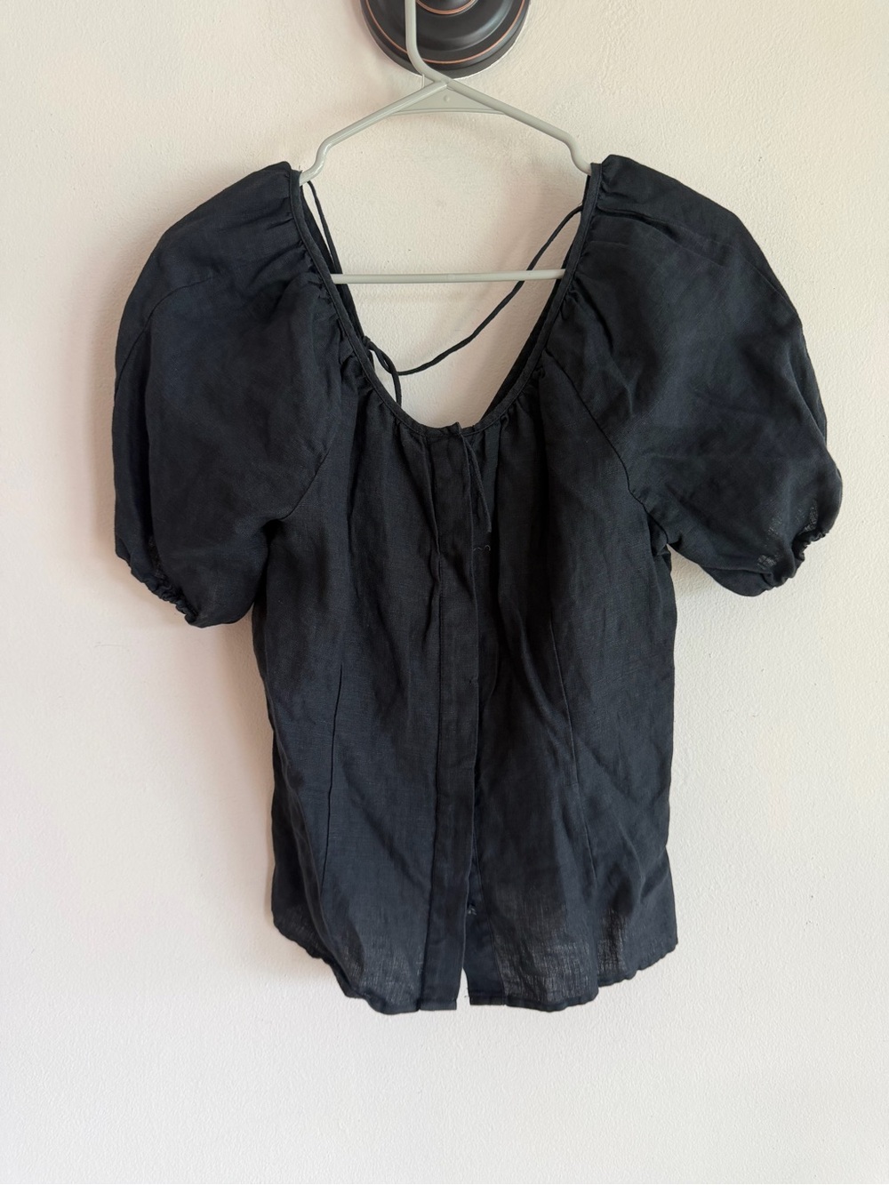 J.CREW 100% Linen Puff Sleeve Button Front Top Black Back Tie Size 2
